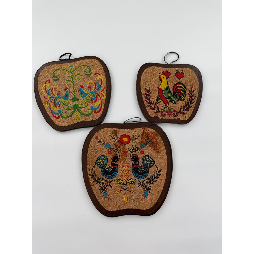 Vintage Folk Art Rooster Cork Wood Apple Wall Plaques Trivets Set of 3 MCM
